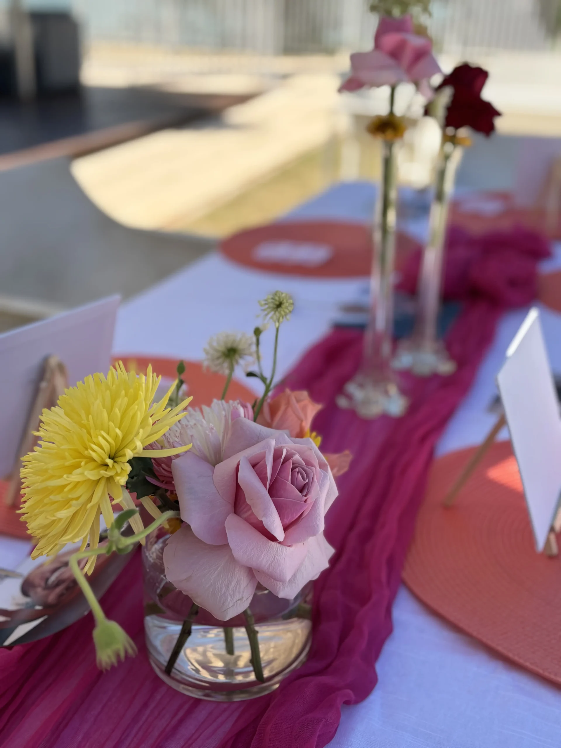 Colourful flower bouquet on table at event in broome